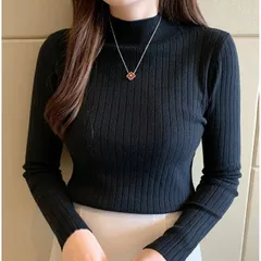 長袖ニット　セーター　秋冬　セミハイネック　防寒　シンプル　無地