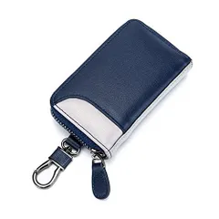 ネイビー/グレー [MBOYU] キーケース メンズ 本革 2つ外側ポケット カードキーケース スマートキーケース 車キーケース 6連 カード入れ カラビナ付き 大容量 プレゼント (ネイビー/グレー)