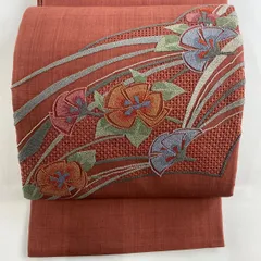 4k2088 袋帯絹紬中国刺繍相良汕頭鶴茶色金色緑柄物和装