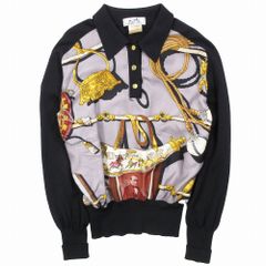 Vintage HERMES エルメス スカーフ柄 ニット シャツ ブラウス ポロシャツ 長袖 セリエボタン オールド 42 L 黒 レディース 【中古】 /TNTのサムネイル
