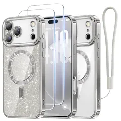 Meifigno ケース iPhone 17 Pro対応 [MagSafe対応] [HDフィルム 2枚] [グリッターカード&リストストラップ] サラウンドレンズ保護 iPhone 17 Proケース対応 シルバーグレー