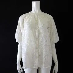 アールピーエス rps ブラウス シャツ 花柄 シアー ジャガード バルーン袖 5分袖 半袖 L オフ白 アイボリー