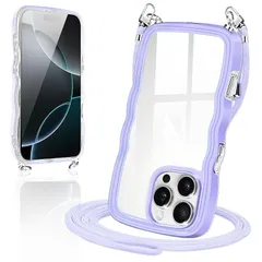 iPhone16 Pro 用 ケース ショルダー クリア TPU カバー いPhone 16 プロ スマホケース 創意 個性 肩掛け 首掛け 斜めかけケース 可愛い かわいい 韓国 透明 薄型 耐衝撃 アイフォン16Pro(パープル)