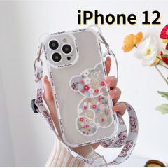 【SHOPS W】iPhone12 スマホケース クマ くま スケルトン ケース クリア シンプル  ショルダー 花 韓国 軽量 おしゃれ かわいい 透明 E030