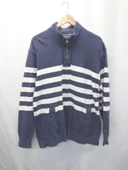 ◇ ⊇ TOMMY HILFIGER トミーヒルフィガー ボーダー ハーフジップ 長袖 プルオーバー サイズXL ネイビー ホワイト メンズ E  【1411070019486】