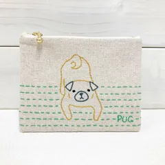 ミニポーチ【パグ座り グリーン】刺し子・綿麻・帆布
