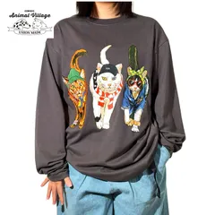 新品 CORISCO コリスコ Animal Village アニマルヴィレッジ 猫 プリント Tシャツ 長袖 メンズ レディース ユニセックス かわいい アニマル プリント ロンTee カットソー グレー M L LL チャコール 121921