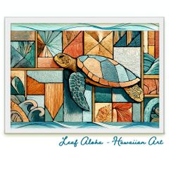 ハワイアンアート 額付き A4｜守護のホヌと記憶の海 No.48 Leaf Aloha