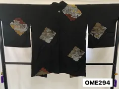 【羽織】アンティーク羽織　アンティーク　正絹　紋付　一つ紋　風景　刺繍　金糸　銀糸　着物　和装　OME294