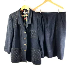 remalon セットアップ ジャケット スカート 裏地柄プリント 金ボタン 袖ボタン サイドポケット ステッチデザイン デニム生地 黒系 973194