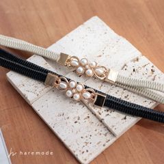 ベルト レディース ゴム 細い パール 結婚式 パーティー バックル フォーマル お呼ばれ 簡単 ウエストマーク フックタイプ haremode b-5