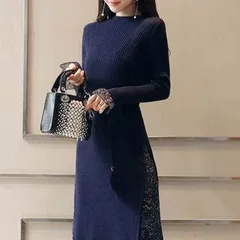 ワンピース ニットソー フレアワンピース ロング丈 長袖 Vネック Uネック 襟付き フレア セミフレア スリム タイト 細身 ストレート レース フリル ウエストマーク ウエストリボン かわいい 大人可愛い きれいめ シンプル カジュアル 大人 上品 おしゃ