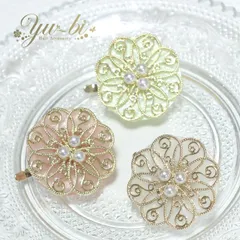 ポニーフック/パステルお花 ゴールド模様 ビジュー 大きめ キレイめアクセ pn24☆白/ピンク/ミント ヘアカフス ヘアアクセサリー 髪飾り ヘアゴム ヘアピン ヘアアレンジ