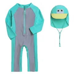 ☆ レイクブルー ☆ 2(80-90cm) ☆ 水着 キッズ キャップつき pmykswim004 長袖 水着 キッズ 子ども水着 スイムウェア ベビー ラッシュガード 男の子 女の子 帽子付き 海水浴 スイミング プール 日焼け対策 幼稚園 保育園