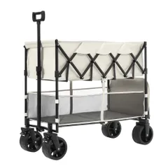 「数量限定セール」ホワイト ダブルシェルフ 上下2段 キャリーワゴン アウトドアワゴン 290L 大容量 後ろ開き 自立式 折りたたみ 軽量 コンパクト収納 キャンプ用品 ピクニック カート 多機能 耐荷重 アウトドアキャリー