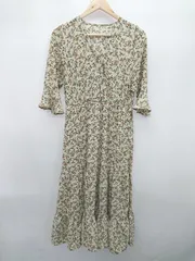 ◇ ⊂ NICE CLAUP ナイスクラップ 花柄 長袖 ロング丈 フレア　ワンピース サイズF ベージュ レディース P  【1409090035685】