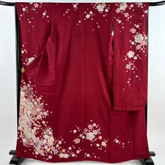 【美品】 振袖 身丈164.5cm 裄丈65.5cm M 袷 草花 誰が袖 金彩 えんじ色 正絹 名品 【中古】