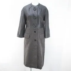 マークジェイコブス MARC JACOBS ノーカラーコート ロング丈 レザー 鹿革 カシミヤ 絹 シルク 灰系 グレー イタリア製 切替 ポケット 毛 ウール 無地のサムネイル