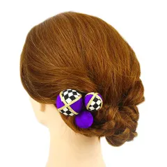 髪飾り 成人式 振袖 前撮り 袴 花 浴衣 夏祭り 花火大会 3点セット 青紫 青 紫 ちりめん 玉飾り 格子 ヘアアクセ かんざし 新 No.9-3280