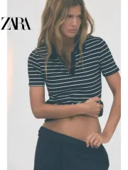 ZARA(ザラ) ストライプ ポロ Tシャツ ネイビー L