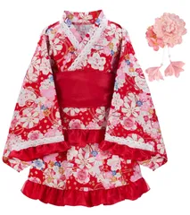 ReliBeauty 浴衣ドレス 子供 女の子 セパレート ラメ入り レース付き フリル 綿100％ 花火大会 夏祭り おしゃれ 可愛い 兵児帯 セット 花柄