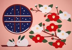 ★壁面飾り 標準サイズ （横80cm※サイズ変更可能）「寒椿と雪うさぎ」１月 ２月 冬 高齢者 病院 施設 壁面装飾 型紙 製作★