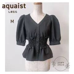 古着　aquaist　アクアイスト　しまむら　ウエストシャーリング　パワショル　ブラウス　フェイクボタン　トップス　五分袖　ブラック　黒　Mサイズ　レディース　カジュアル　エレガント　春　夏　大人可愛い