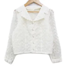 エムズエキサイト EMSEXCITE シャツ ブラウス ショート丈 長袖 オープンカラー 切替 シースルー 刺繍 花柄 F アイボリー /FF18