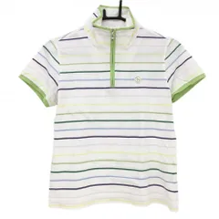 ★特価★アダバット 半袖ハイネックシャツ 白×ライトグリーン ボーダー ハーフジップ 胸ワッペン  レディース 38(M) ゴルフウェア adabat