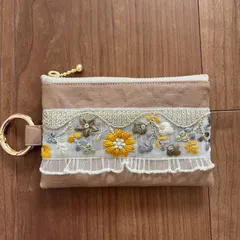 インド刺繍リボンのミニポーチ　ブラウン×イエロー系