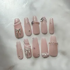現品販売　ネイルチップ　ロングネイル　韓国ネイル　ガーリーネイル　ピンクネイル　パール　リボン　量産型　ワンホン　ギャル　キラキラ