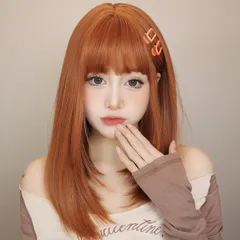 【数量限定】耐熱 小顔 レイヤー 自然 wig レディース ストレート ミディアム ネット付き ウィッグ ウィッグ 女装 フルウィッグ オレンジ 女性 かつら セミロング EMMOR