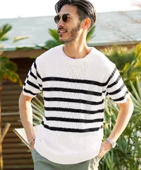 新品 未使用 JIGGYS SHOP(ジギーズショップ)サマーアランニット 212376 Aボーダー(クルーネック)