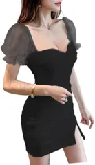 ISLAYCAOLILA キャバドレス ミニドレス クラブドレス パーティードレス ワンピース タイト ベアトップ パフスリーブ シースルー フリル 半袖 シアー スリット レディース CT2(ブラック,  S)