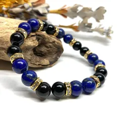 ラピスラズリ&モリオン パワーストーン ブレスレット 天然石 (ゴールド) 8mm レディース 女性  数珠ブレス 開運 プレゼント ギフト  [5]