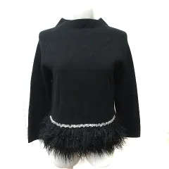 ストロベリーフィールズ STRAWBERRY-FIELDS ニット 長袖 切替 フェイクファー ビジュー 黒 ブラック /YI