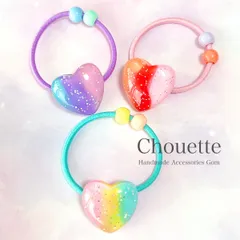 ハート型 カラフル ビーズ付きヘアゴム ハンドメイド 3個セット h-1227