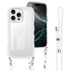 iPhone 16 Pro Max 用 ケース クリア ショルダー カバー 首掛け 肩がけ 斜めかけ 紐付き ストラップ付き アイフォン16 Pro Max 用 ケース 韓国 可愛い かわいい 透明 薄型 シリコン TPU バンパー スマホケース ホワイト