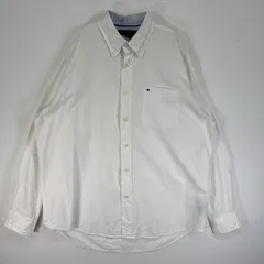 古着 トミーヒルフィガー TOMMY HILFIGER 長袖シャツ ロゴ 刺繍 ボタンダウン 胸ポケ L  ホワイト 無地 メンズ