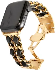 Royce&Roland Apple watch 編み込みバンド バタフライバックル おしゃれ アップルウォッチ 時計 ステンレス 本革/シルバー メンズ レディース ギフト(ゴールド/ブラック,  44mm 45mm 46mm 49mm)