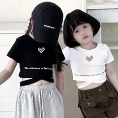 【在庫限り】韓国 子供服 キッズ トップス 半袖 Tシャツ かっこいい へそ出し チラ見せ 腹見せ おしゃれ ギャル ブラック ホワイト ハート クロス ダンス衣装 クロップドトップス 100cm 110cm 120cm 130cm 140cm 150cm