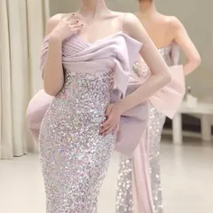 マルチカラーのスパンコールがゴージャスな リボンロングドレス