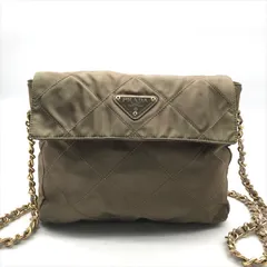 良品 PRADA プラダ 三角ロゴ プレート ナイロン テスート キルティング チェーン ショルダー バッグ カーキ レディース k4461