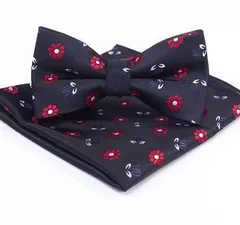 2点セット 蝶ネクタイ　ポケットチーフ ハンカチ 結婚式　発表会　七五三祝い　パーティー イベント ダンスパーティー バーテンダー　花柄　ワンタッチ ブラック色　シルバー色　レッド スーツ ワイシャツ メンズネクタイ チーフ 2点 セット 格安 小物