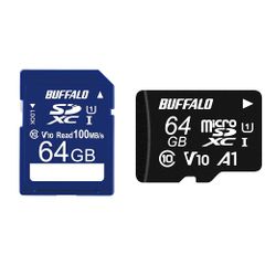 【迅速発送】【セット買い】バッファロー SDカード 64GB 100MB/s UHS-1 スピードクラス1 VideoSpeedClass10 IPX7 Full HD データ復旧サービス対応 RSDC-064U11HA/N + 【限定】microSD 64G