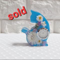 ねこさんの置時計(水色に白い花)