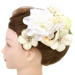 髪飾り 成人式 つまみ細工 振袖 前撮り 袴 花 2点セット ベージュ 白 黄色 ちりめん ラインストーン ラメ ベロア ベルベット No.12-0033