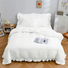 【在庫セール】洋式和式兼用 洗い替え ピーチスキン加工 寝具カバーセット ボックスシーツ 枕カバー ベッドカバー 速乾タイプ(ホワイトシングル・3点セット) 掛け布団カバー フリル付き シングル・3点セットシアサッカー生地 AYO 布団カバー