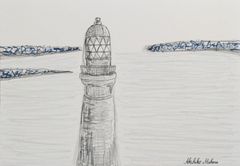 Akihiko Mihara, Salon d'Automne Award-winning artist, original drawing [Lighthouse] Landscape painting, Tokyo, line drawing, art, small piece, painting, fine art, interior art, original drawing, miscellaneous goods, contemporary art, pencil drawing, brush pen art, art illustration, scenery, tower, landscape painting, wave, colored pencil drawing, Chiba, Choshi, Inubosaki Lighthouse