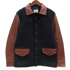 ザ・ダファー・オブ・セントジョージ The DUFFER of ST.GEORGE レザー ウール 切替 ジャケット 裏地ブロックチェック ブラウン ネイビー 茶 紺 Lのサムネイル